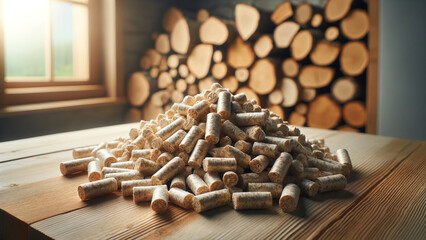 Wood Pellets Close-Up with Stacked Firewood Background