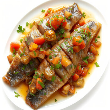 Baked fish with tomato and vegetable sauce, decorated with fresh parsley, top view, on a white background, food photo