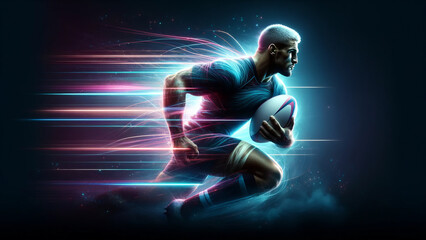Fototapeta na wymiar Dynamic Rugby Athlete Neon Light Speed Effect