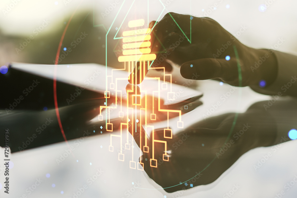 Aufkleber creative idea concept with light bulb and microcircuit illustration and finger clicks on a digital t