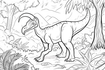 Parasaurolophus Dinosaur Black White Linear Doodles Line Art Coloring Page, Kids Coloring Book