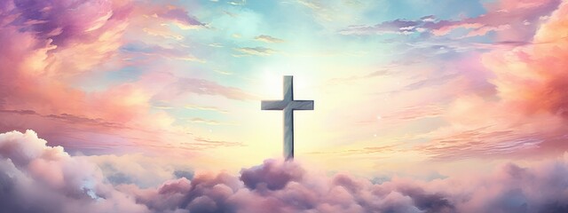 Fototapeta na wymiar Divine Christian Cross Against a Pastel Impressionist Sky - Generative AI