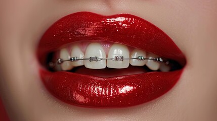 Obraz premium Close up of Beautiful Teeth with Braces Brackets and Lips by Red Lipstick, Radiant Smile