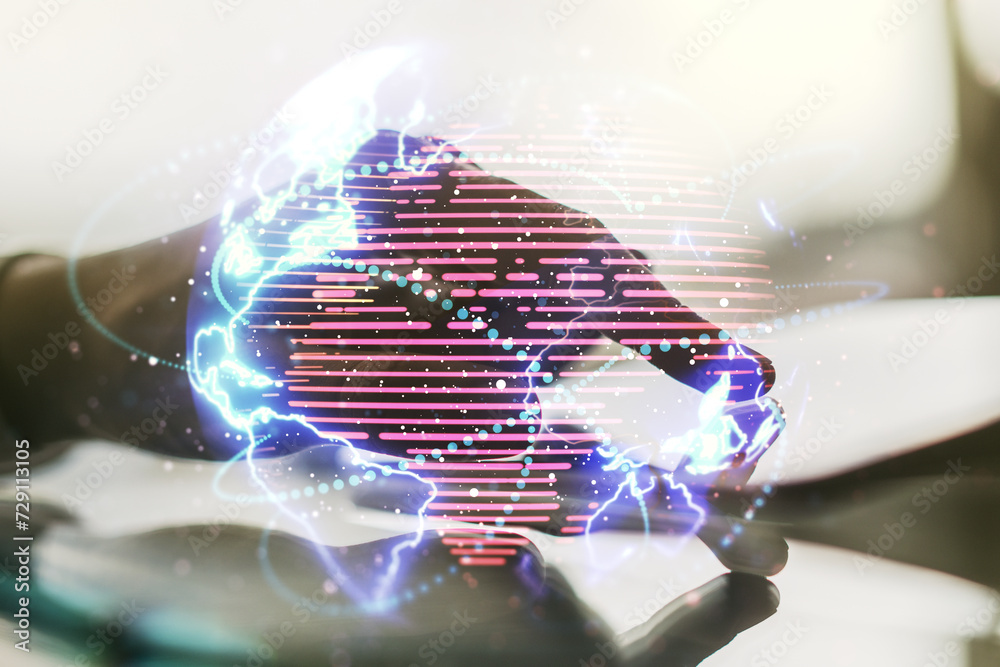 Poster double exposure of abstract digital world map with connections and hand working with a digital table
