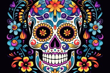Vibrant Celebration of Life: Traditional Mexican Sugar Skull Amidst Florals - Generative AI