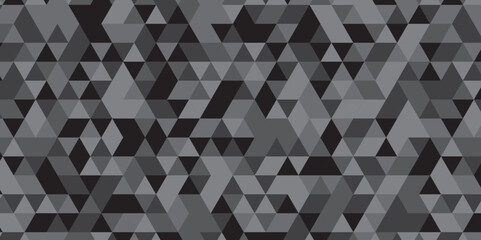 Abstract geometric black and gray background seamless mosaic and low polygon triangle texture wallpaper. Triangle shape retro wall grid pattern geometric ornament tile vector square element.