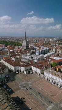 The drone aerial footage of Turin city centre with Mole Antonelliana at sunrise, Piedmont region of Italy.