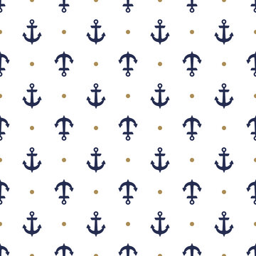 Dark blue vessel anchors and gold dots marine vector seamless pattern. Clothes print. Navy equipment ornament. Boat blue anchor and gold dot endless pattern, sailor style shirt fabric print.