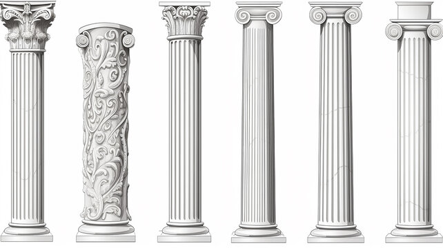 ancient marble columns set collection of isolated architectural elements on a white background