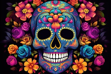 Festive Remembrance: Vibrant Sugar Skull Adorned with Floral Majesty - Generative AI