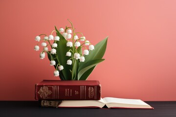 Floral Literature: Tranquil Lily of the Valley Blooms Atop an Aged Bible - Generative AI