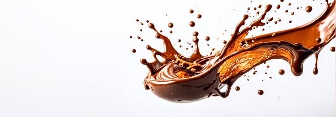 Chocolate splash cut out on white background, Banner, copy space