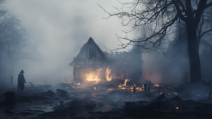 a house damaged by fire, the consequences of destruction, the remains of a house standing alone, a village cottage destroyed by fire, the remains of ash and smoke depressive concept of misfortune - obrazy, fototapety, plakaty