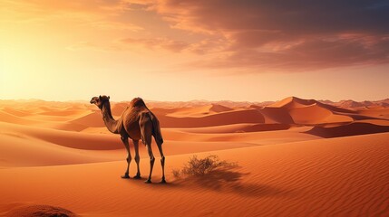 Fototapeta na wymiar Desert Wanderer: A Lone Camel's Silhouette in the Majestic Dunes at Sunset - Generative AI