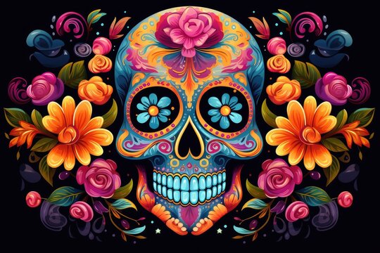 Festive Remembrance: Vibrant Sugar Skull Adorned with Floral Majesty - Generative AI