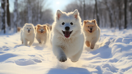 a group of cheerful dogs runs in dynamic poses through the winter fluffy snow on a frosty sunny day, fluffy pets, Christmas snowflakes