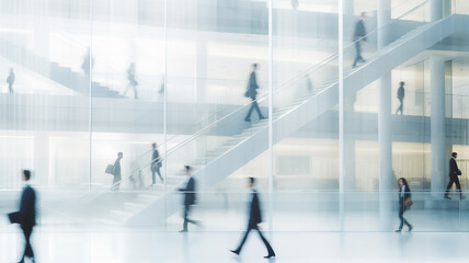 Obraz premium group of silhouettes of people blurred in motion on a white background of a business center, a corporate light background, a modern abstract interior of an office hall with a ladder