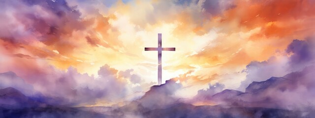 Fototapeta premium Heavenly Radiance: The Cross Stands Aglow Amidst a Surreal Sunset - Generative AI
