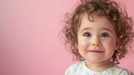 Naklejka premium Happy toddler grinning against a pastel backdrop.