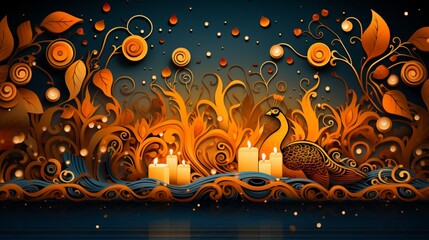 Colorful diya lamps and peacock feathers illustration for thaipusam festival celebration