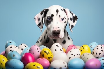 Charming Dalmatian Puppy Surrounded by Colorful Easter Eggs - Generative AI