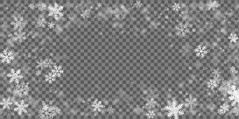 Fototapeta na wymiar Festive flying snowflakes wallpaper. Winter dust frozen particles. Snowfall weather white transparent backdrop. Soft snowflakes january texture. Snow hurricane scenery.