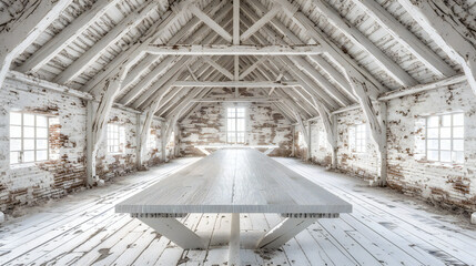 Rustic and deserted old building interior with wooden construction, evoking a sense of history and...