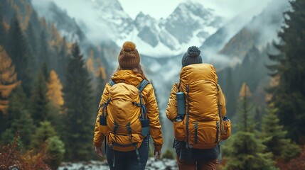 back view of two young people climbing a mountain - obrazy, fototapety, plakaty