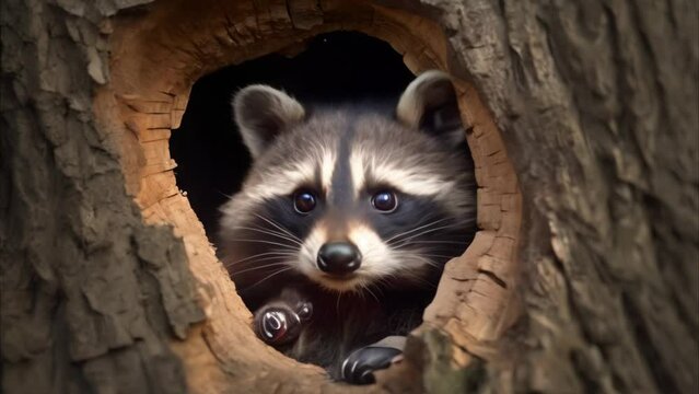 raccoon in tree hole video 4k