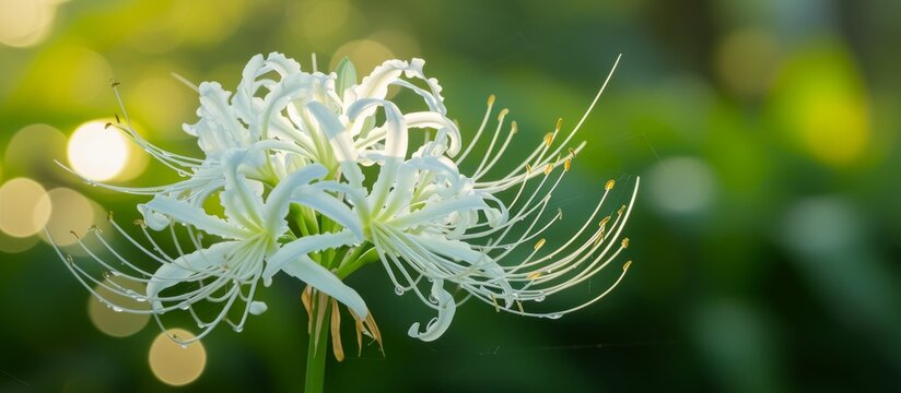 The beach spider lily (Hymenocallis littoralis) blooms in the park.