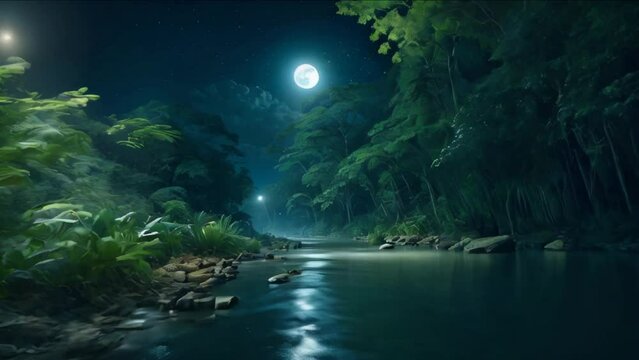 night landscape with the super moon, dark forest, stars, and water reflection. Cartoon or anime illustration style. seamless looping 4K time-lapse virtual video animation background.