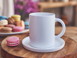 Obraz na płótnie Canvas White mug cup on a wooden plate and colorful macaroons 