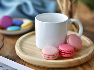 Fototapeta na wymiar White mug cup on a wooden plate and colorful macaroons 