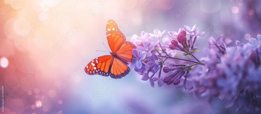 Sticker Blurred background with a lilac flower and an orange butterfly.