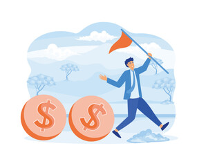 Cash flow, investment fund flow, fund raising, bank loan or financial activity to making money or profit concept, Businessman leader or investor holding flag control flow of money Dollar coins. flat v