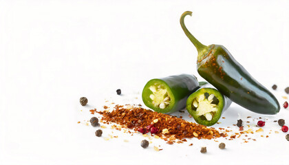 Fresh jalapeno peppers and chipotle chili flakes on white background with copy space