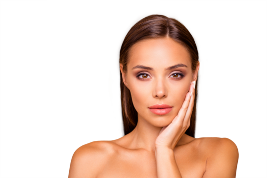 Nice stunning adorable good-looking lady with her naked shoulders she isolated on pastel beige background with copy space for text she touch her cheek by hand