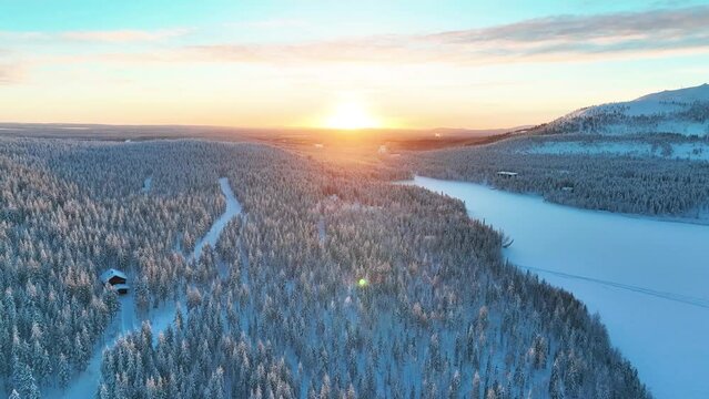 Dramatic Sunrise Scene Over Pyh&auml;-Luosto National Park In Finnish Lapland, Finland. Aerial Drone Shot