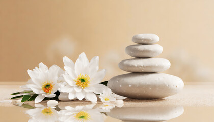 Fototapeta na wymiar Stacks of white spa stones and flowers on light beige background with copy space
