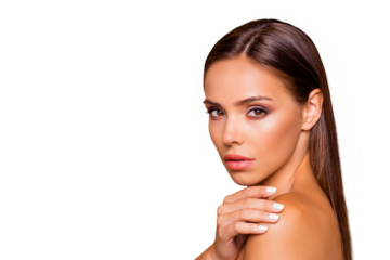 Half turn close up photo of brown-haired beautiful lovely pretty lady touch her naked shoulders she isolated on pastel beige background with copy space for text