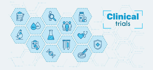Fototapeta na wymiar Clinical studies, trials, experiments. Concept in blue color on a background of hexagons or honeycomb. Line icons on the theme of medicine. Vector