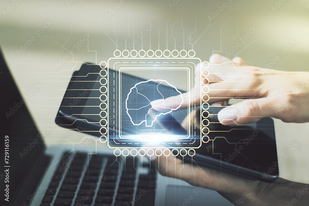 Poster creative artificial intelligence concept with human brain sketch and finger presses on a digital tab