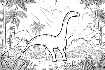 Fototapeta na wymiar Diplodocus Dinosaur Black White Linear Doodles Line Art Coloring Page, Kids Coloring Book