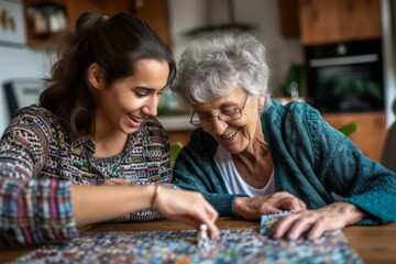 Smiling female caregiver assisting senior woman doing puzzle at home - obrazy, fototapety, plakaty