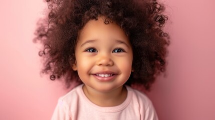 Naklejka premium A happy toddler smiles at the camera in a soft studio setting.