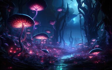 Fototapeta premium Alien Bioluminescent Forest in a Futuristic Realm