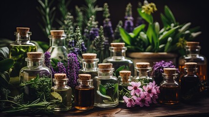 Obraz na płótnie Canvas Assorted essential oil bottles with fresh plants lavender, peppermint, rosemary