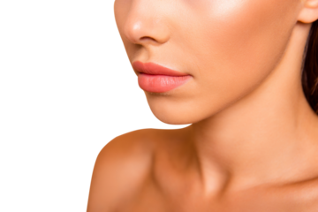 Profile side view cropped close up photo of calm lady with her naked shoulder she isolated on pastel beige background stand half turn to camera