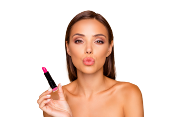 Photo of well-groomed attractive gorgeous beautiful leisure lifestyle brown-haired lady with her naked shoulders she stands isolated on pastel beige background send kiss hold lipstick in hands