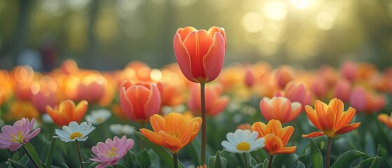 Panoramic flowers landscape of blooming colorful tulips field in spring with sunshine - Flower background banner panorama